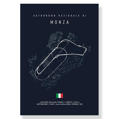 Dark blue canvas painting featuring a white monza racetrack line drawing and italian flag for living room decor