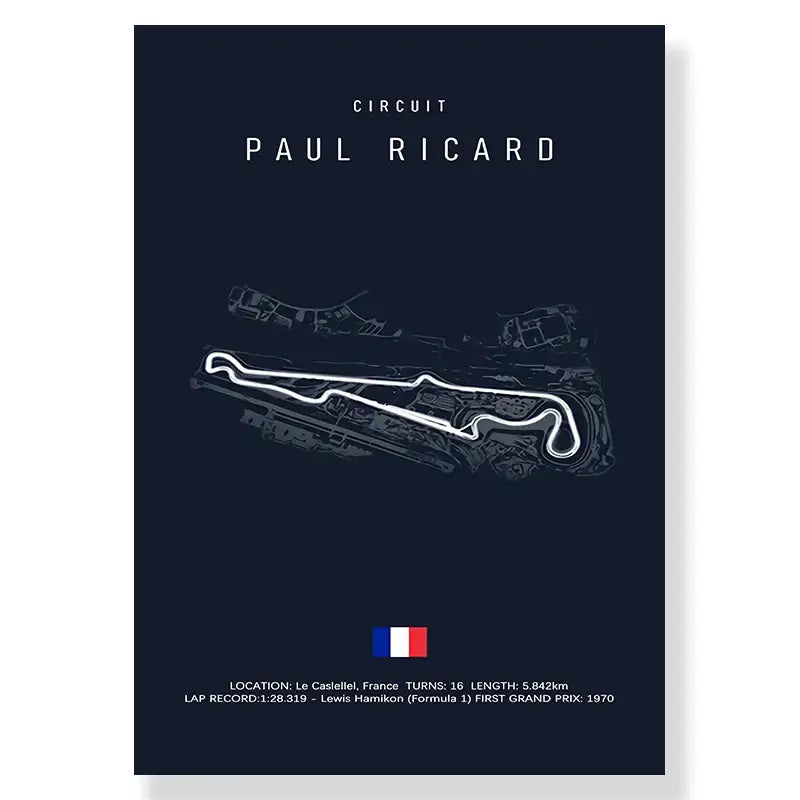 Dark blue circuit canvas painting featuring a white nürburgring race track line drawing with german flag for living room decor