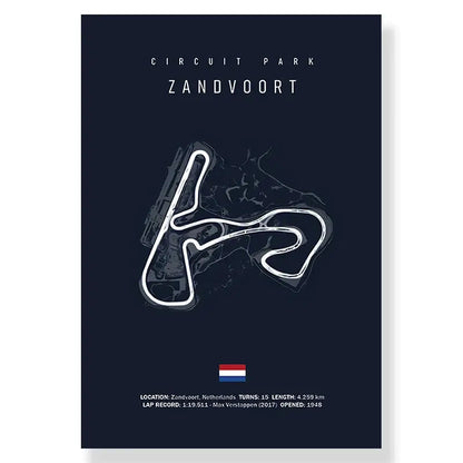 Dark blue DecorBites™ F1 circuit canvas painting featuring white line art zandvoort circuit for living room decor