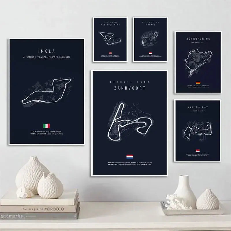 Set of six framed decorbites™ f1 circuit canvas paintings in white line art on navy for living room wall decor
