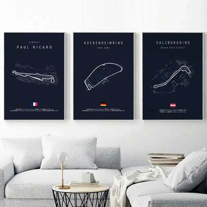 Three framed dark navy canvas paintings with white line racing circuits and national flags for living room decor