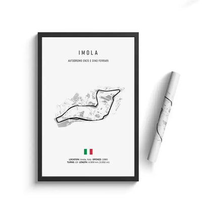 Black-framed minimalist circuit canvas painting of imola autodrome with Italian flag for motorsport wall art