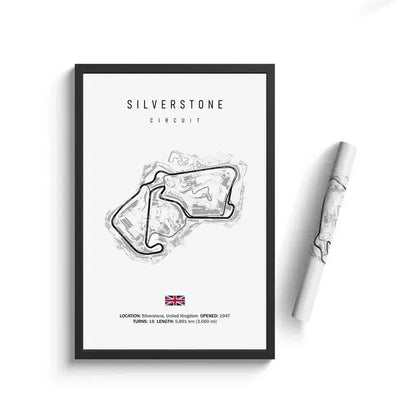 Black-framed minimalist circuit canvas featuring a detailed silverstone circuit line drawing with union jack flag wall art