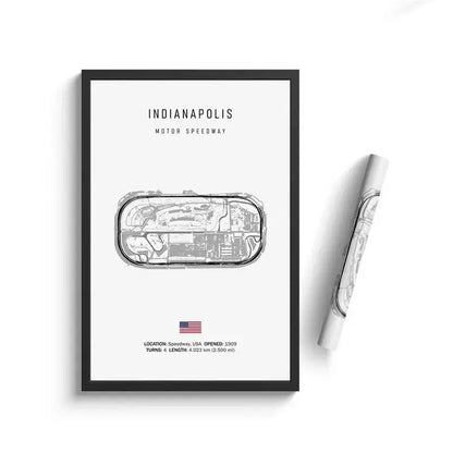 Black-framed decorbites™ f1 circuit canvas painting with minimalist gray indianapolis motor speedway line art wall art