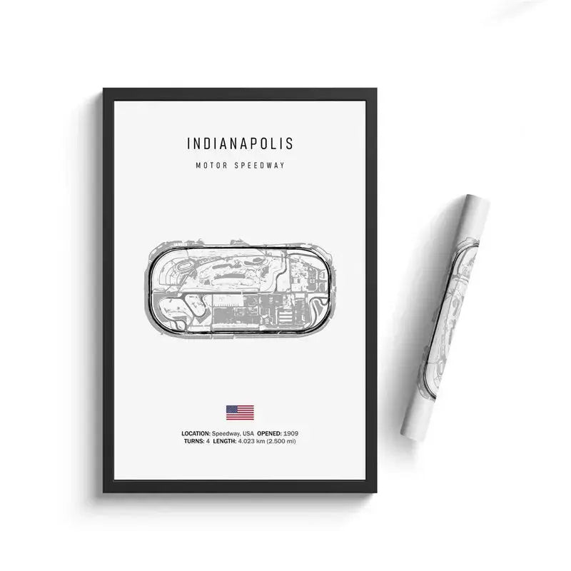 Black-framed decorbites™ f1 circuit canvas painting with minimalist gray indianapolis motor speedway line art wall art
