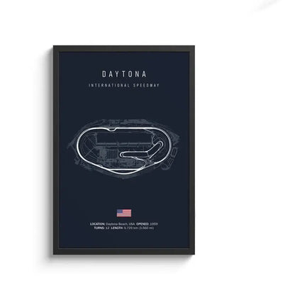 Dark blue framed circuit canvas featuring a white line drawing of daytona international speedway track wall art