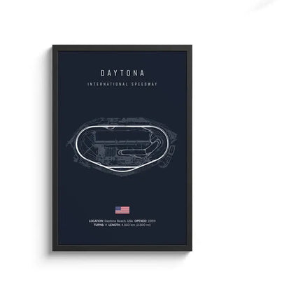 Dark blue framed decorbites™ canvas painting featuring white line drawing of daytona international speedway track layout wall art