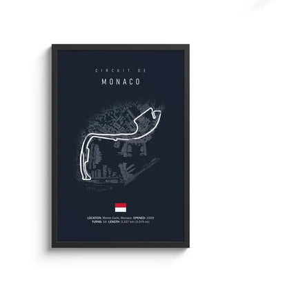 A framed decorbites™ f1 circuit canvas painting with minimalist white monaco race track line art on dark navy wall art