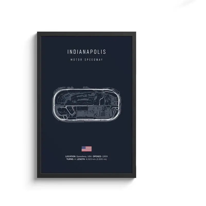 A framed decorbites f1 circuit canvas painting with a minimalist indianapolis motor speedway blueprint on navy wall art