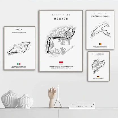 Set of four minimalist black and white circuit canvas paintings of Monaco Spa Francorchamps Imola and Nürburgring wall art