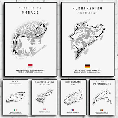 Set of six minimalist black and white f1 circuit canvas paintings featuring iconic tracks framed as motorsport wall art
