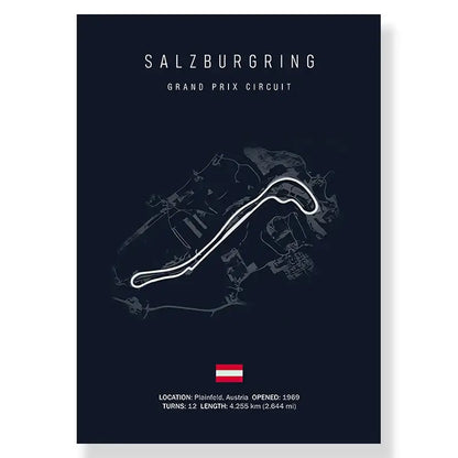Dark blue decorbites™ f1 monaco imola track canvas art print featuring minimalist white line drawing of salzburgring circuit map