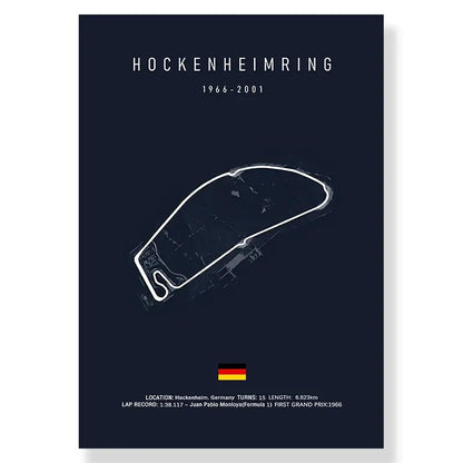 Dark blue DecorBites™ F1 race track canvas art print featuring white hockenheimring track circuit with german flag