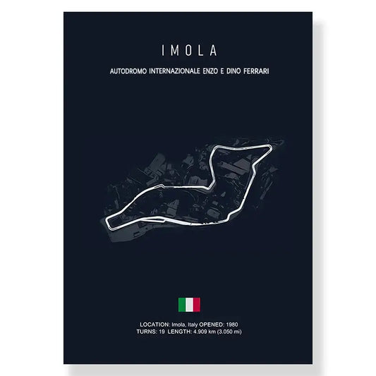 Decorbites™ f1 race track canvas art print in dark blue featuring white line drawing of imola monaco track circuit with italian flag