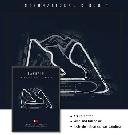 Black canvas race track canvas featuring a white line drawing of the bahrain international circuit layout by DecorBites™