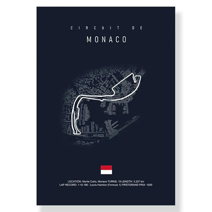 Decorbites™ F1 race track circuit canvas wall art in dark blue with white monaco track circuit line drawing and cityscape