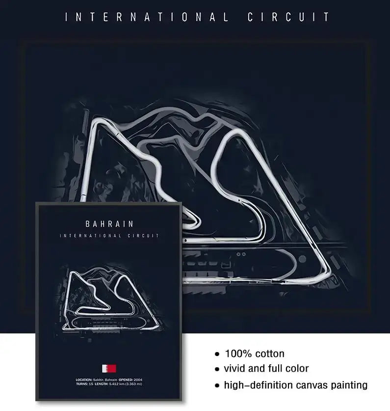 Black canvas circuit canvas featuring a white line drawing of the Bahrain International Circuit track layout by DecorBites