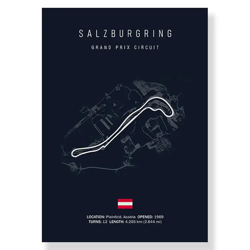 Dark blue decorbites™ f1 racing circuit canvas wall art featuring a minimalist white salzburgring grand prix track circuit map