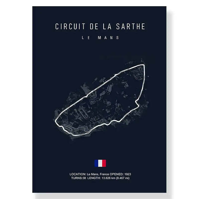 Dark blue decorbites™ f1 racing circuit canvas wall art featuring white line drawing of circuit de la sarthe track circuit with french flag