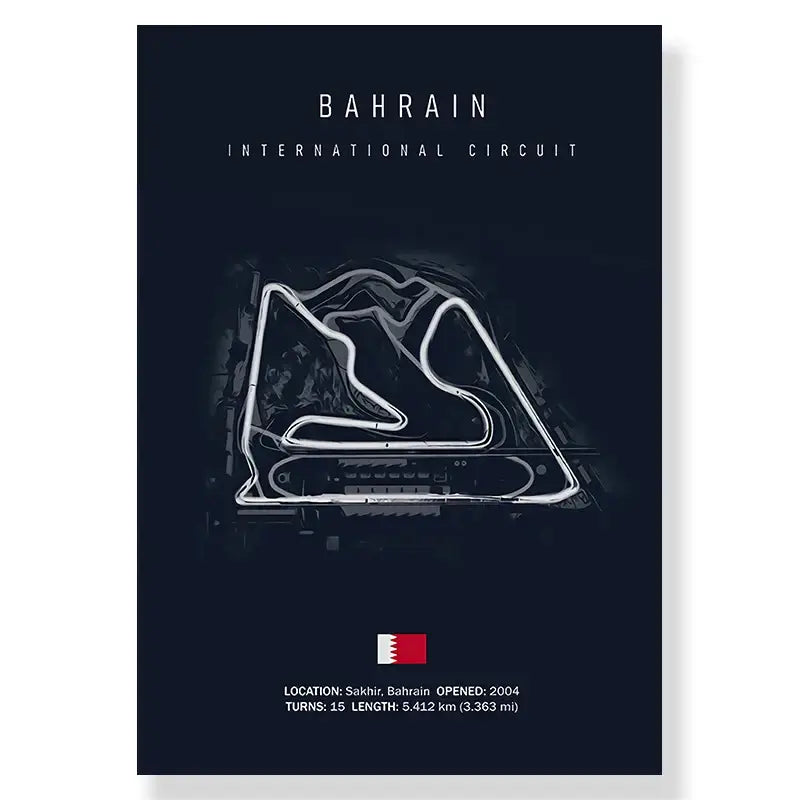 Dark blue decoratebites™ f1 racing circuit canvas wall art featuring white neon-style bahrain international track circuit outline
