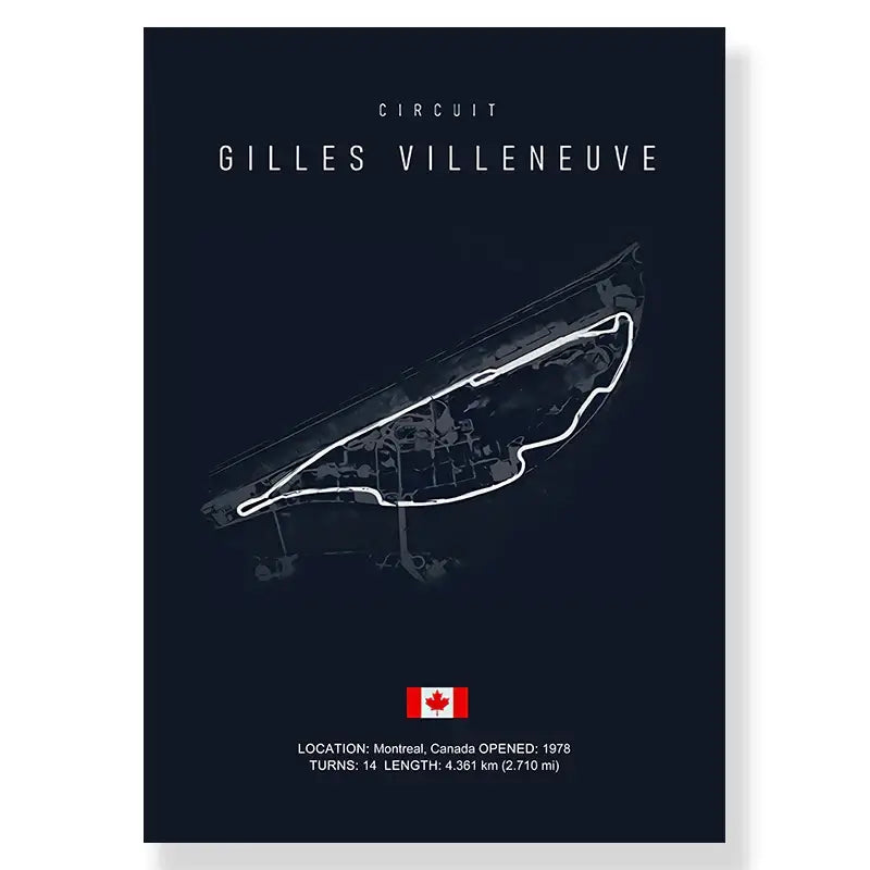 Dark blue DecorBites™ F1 racing circuit canvas wall art featuring a white line drawing of the Gilles Villeneuve track circuit