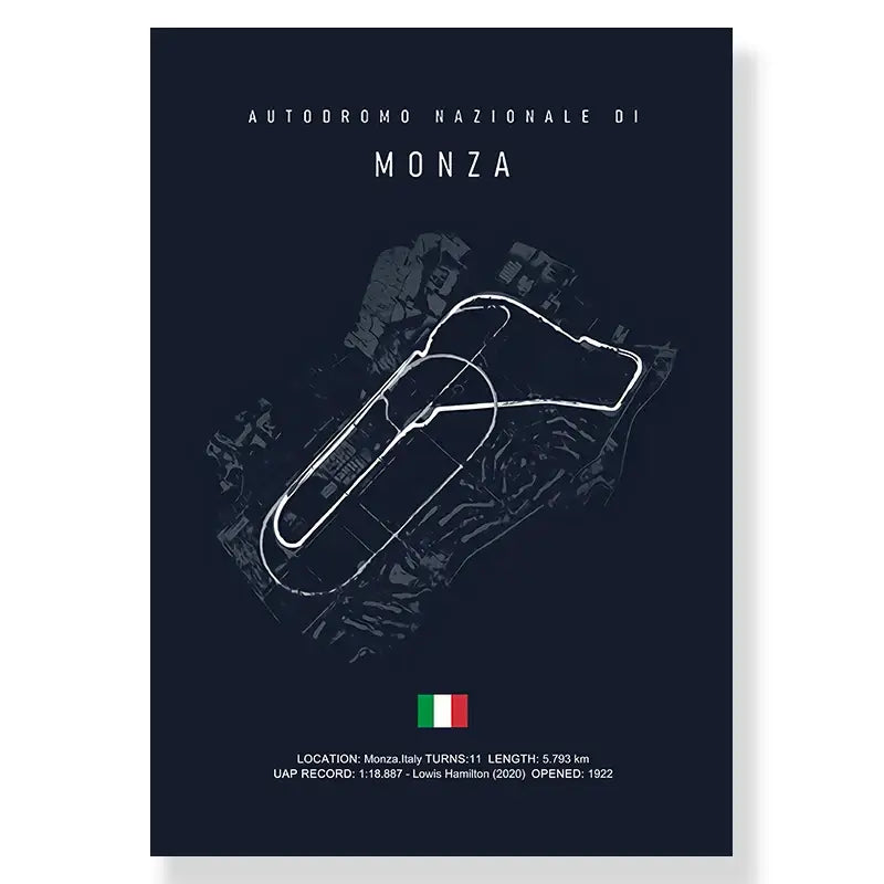 Dark blue decorbites™ f1 racing circuit canvas wall art featuring a white monza track circuit line drawing with italian flag