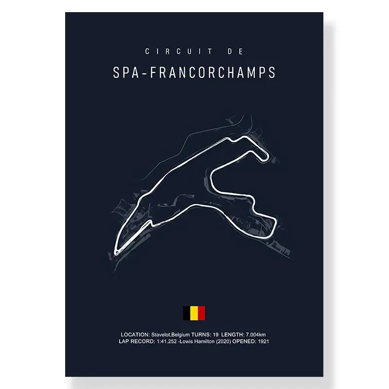 Dark blue spa-francorchamps track circuit canvas wall art by DecorBites™ featuring white line drawing design