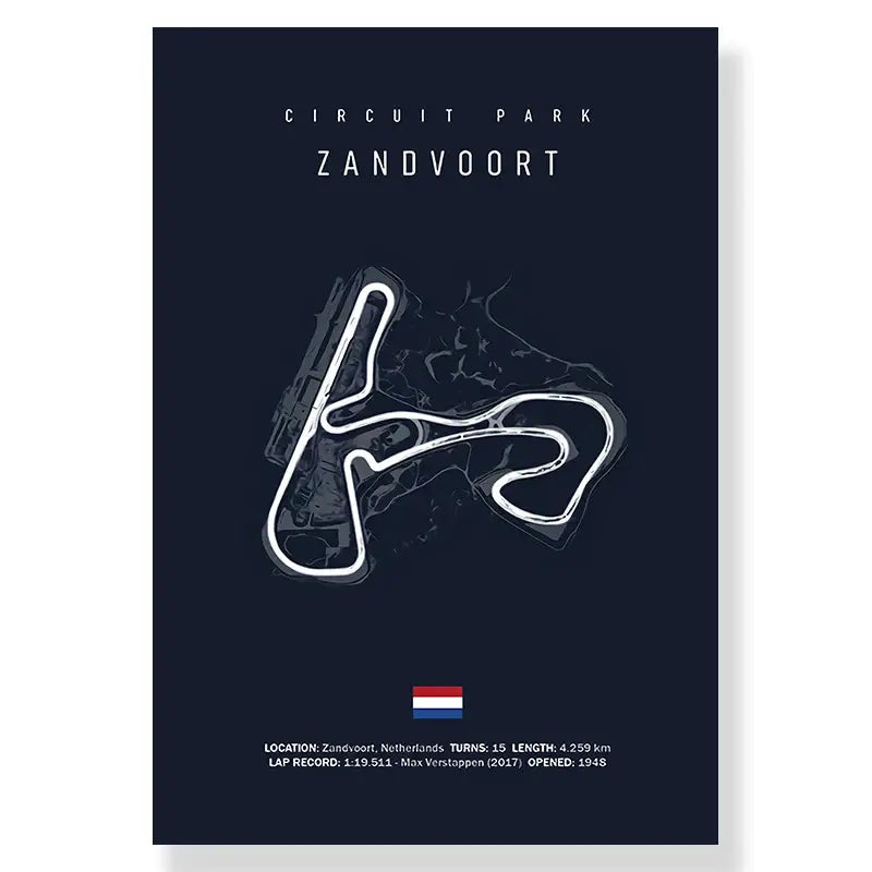 Dark blue DecorBites™ F1 racing circuit canvas wall art featuring white line art of the Zandvoort track circuit