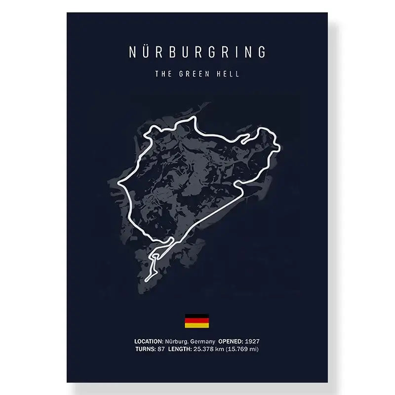 Dark blue decorbites™ f1 racing circuit canvas wall art featuring white nürburgring track circuit and german flag