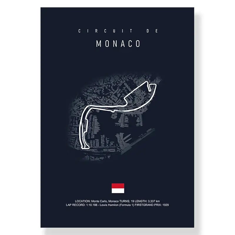 Dark blue DecorBites™ circuit canvas featuring a white monaco track circuit line drawing on grayscale cityscape background