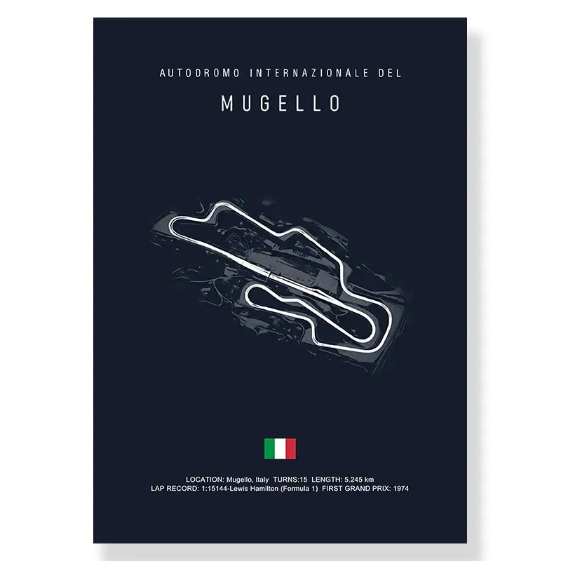 Dark blue decorbites™ f1 racing circuit canvas wall art featuring a white line illustration of the mugello track circuit