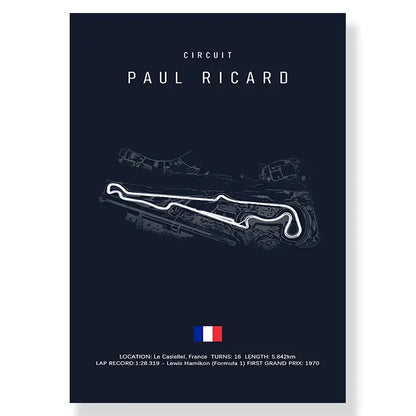 Dark blue decorbites™ f1 racing circuit canvas wall art featuring white paul ricard race track line drawing and subtle gray shading
