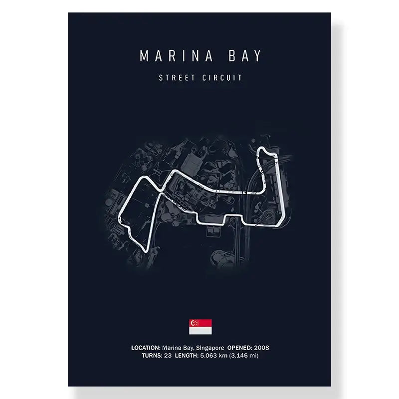 DecorBites™ F1 racing circuit canvas wall art in dark navy features a white marina bay street track circuit and singapore flag