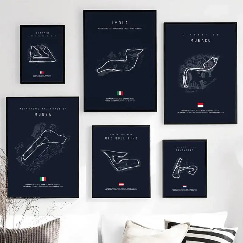 Set of six framed black and white circuit canvas posters featuring imola monaco track designs with national flags beneath titles