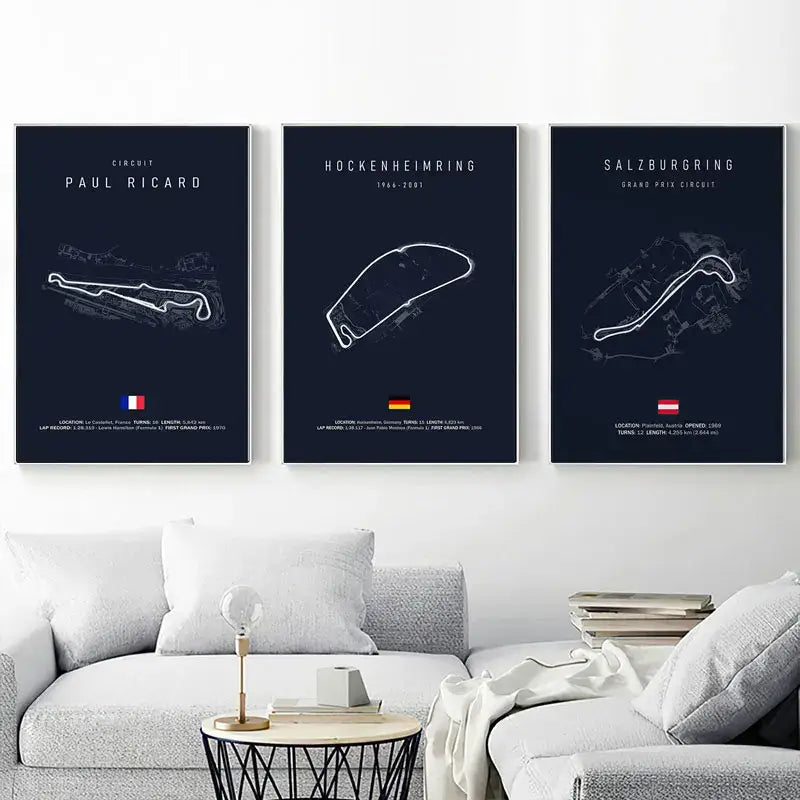 DecorBites™ F1 racing circuit canvas wall art featuring navy track circuit posters of imola monaco track with flags