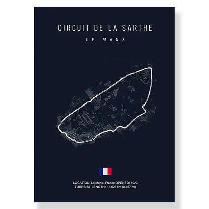 Dark blue racing track canvas art featuring a white circuit de la sarthe line drawing with french flag for living room