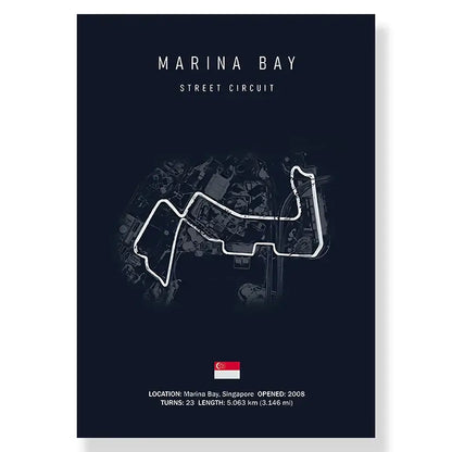 Dark navy racing track canvas featuring a white line drawing of marina bay street circuit with singapore flag for living room