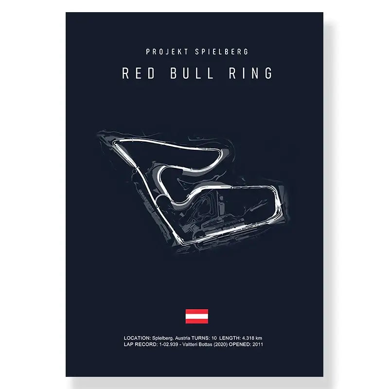Dark blue decorbites f1 racing track canvas art print featuring white line-art illustration of red bull ring racing track