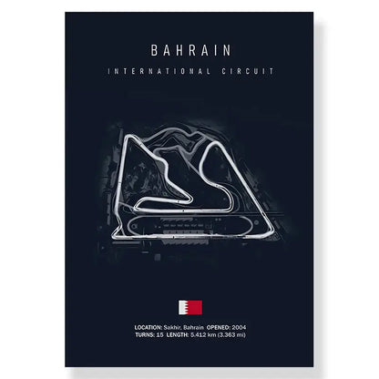 Dark blue decorbites™ f1 bahrain international circuit canvas painting featuring white neon-style track outline