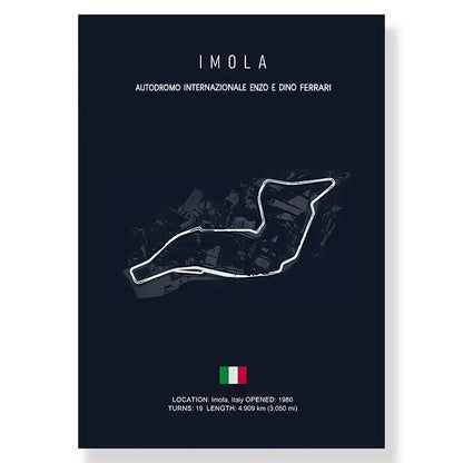 Dark blue decorbites f1 track circuit canvas painting featuring imola race track and italian flag for living room decor