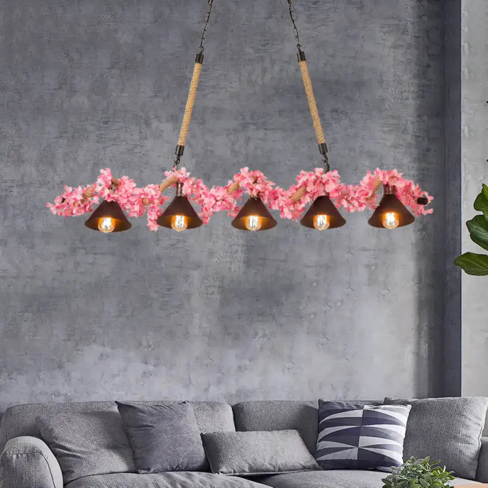 Rustic industrial factory conical island pendant light with five dark brown metal shades and pink cherry blossoms