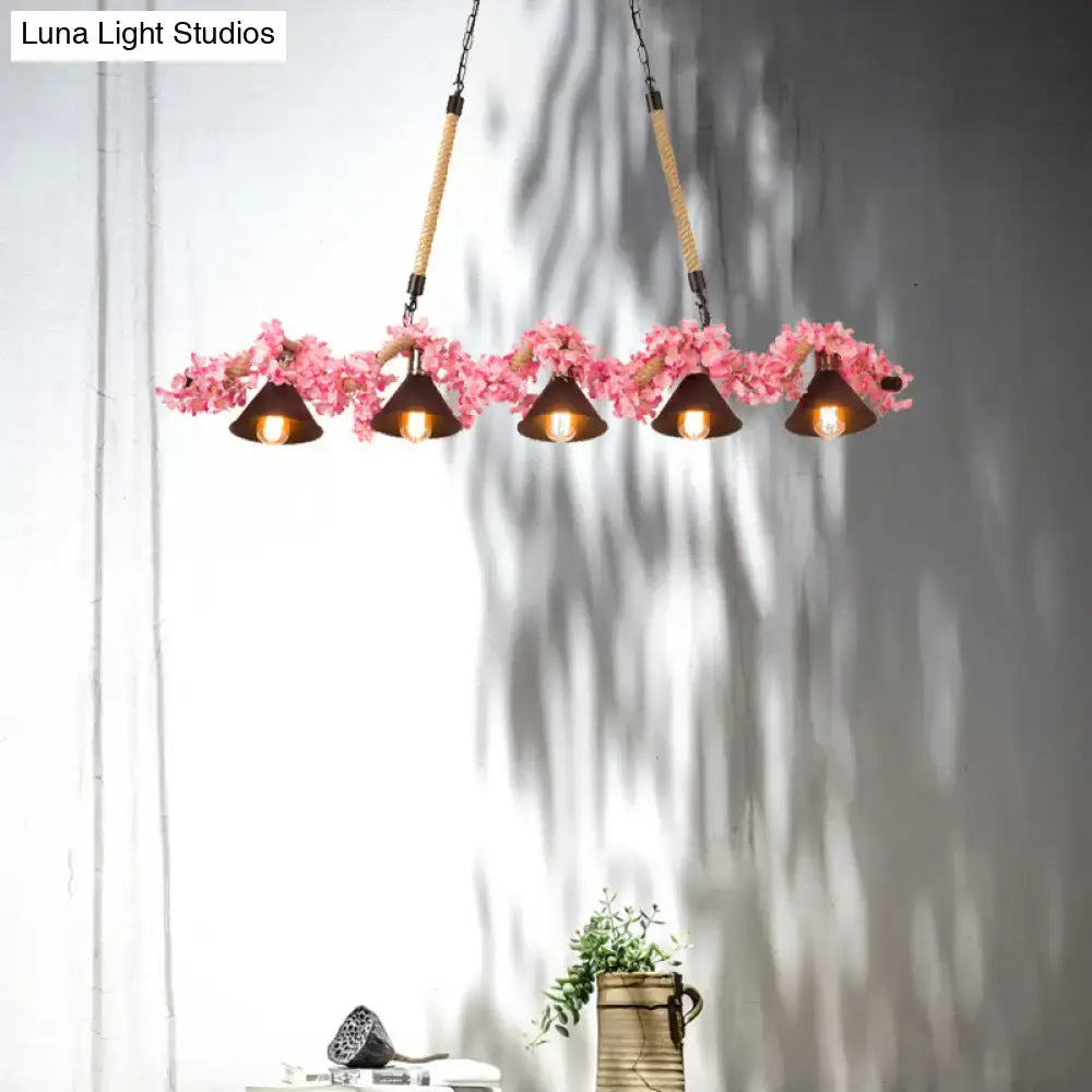 Decorbites factory conical island pendant light pink metal with five warm conical shades and floral garlands for dining room