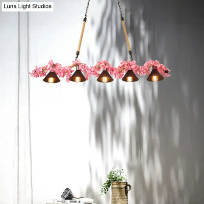 Decorbites factory conical island pendant light pink metal with five warm conical shades and floral garlands for dining room