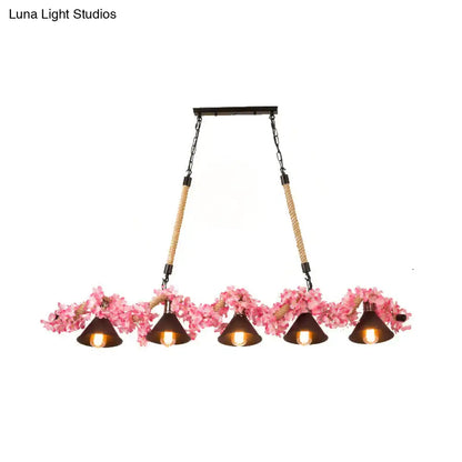 Pink metal decorbites factory conical island pendant light with five dark brown conical shades suspended by rope and chain