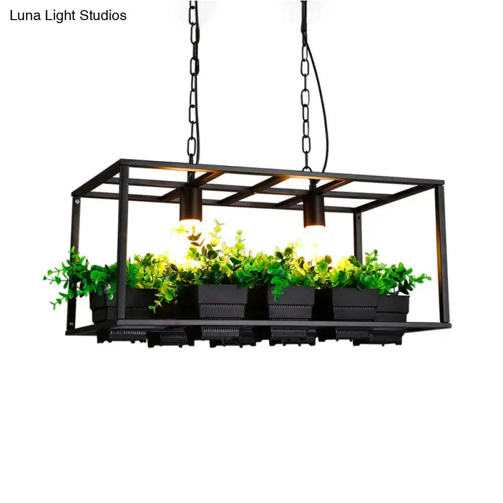 Black metal rectangular DecorBites™ Factory Metallic Island Lamp with integrated led incandescent fluorescent e26 e27 light and four black planters with green foliage in white rectangle design