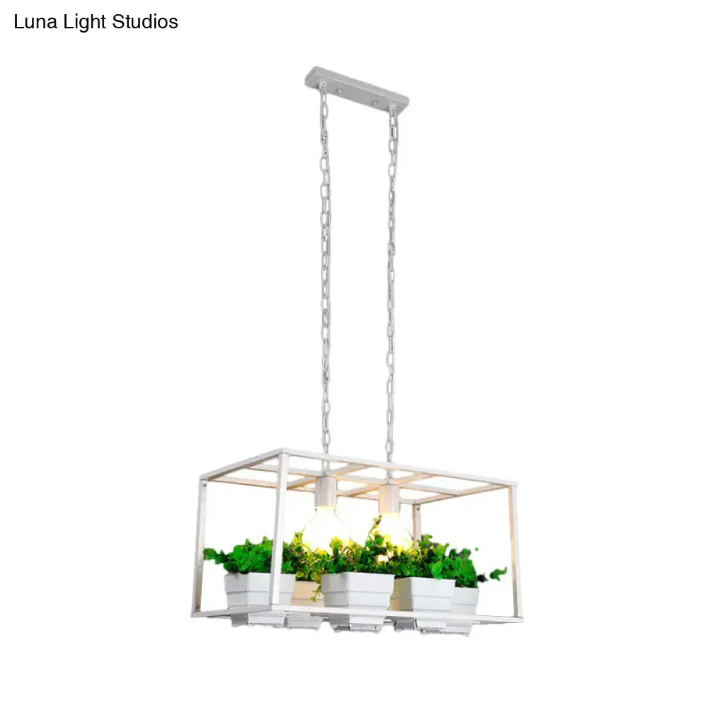 White metal pendant light with rectangular frame and four planters hanging by chains for e26 e27 light use