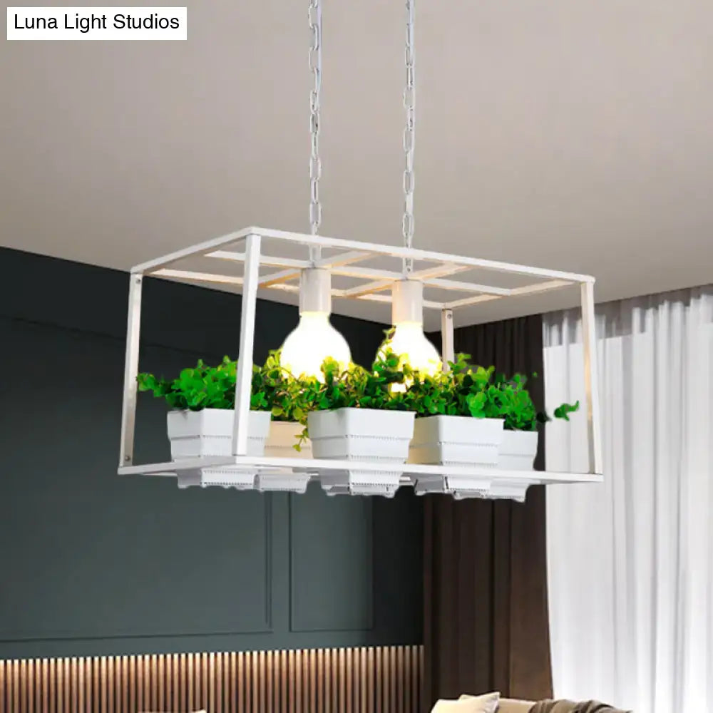 White metal-framed hanging planter with integrated e26 e27 led incandescent fluorescent lights and four white rectangle pots