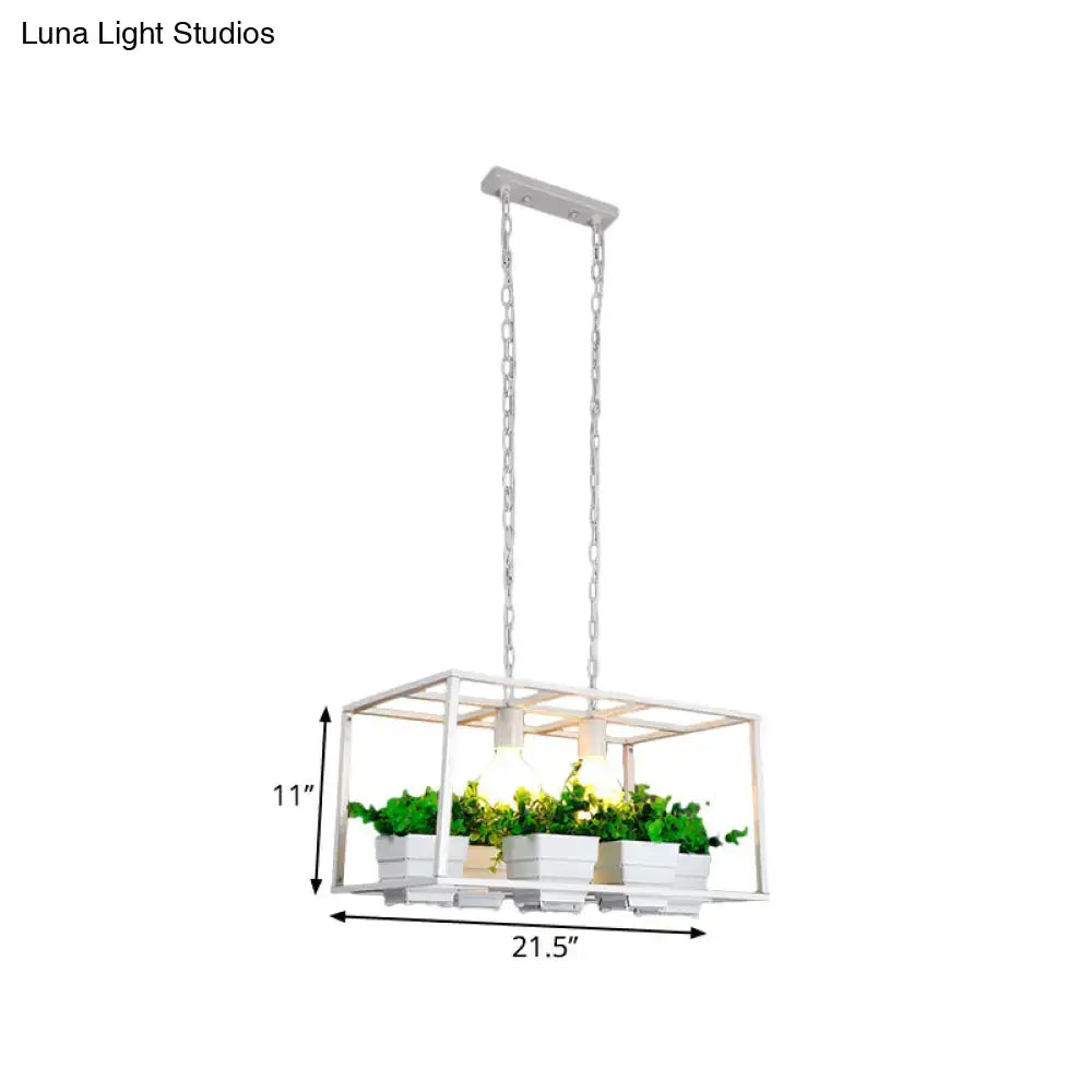White metal rectangular pendant light with integrated planters featuring green foliage for e26 e27 light use