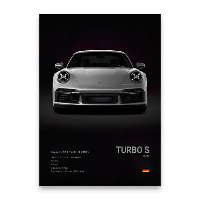 Silver porsche 911 turbo s poster with sleek design and technical specs on famous cars canvas wall art print