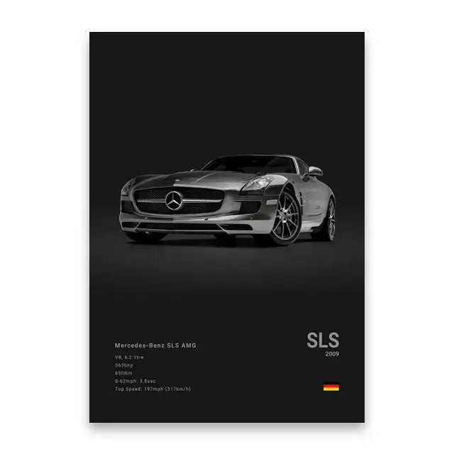 Silver Mercedes-Benz SLS AMG sports car poster with gull-wing doors featured in famous cars canvas wall art print